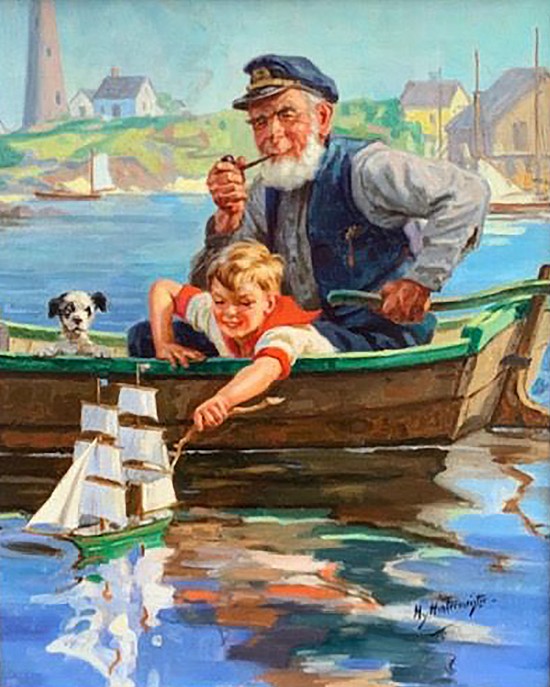 Man and Boy on Boat with Dog