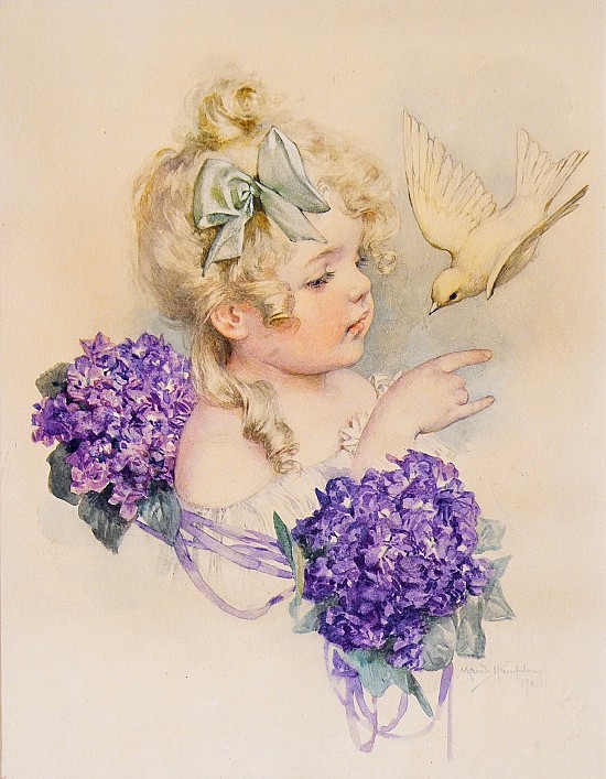 Girl with Bird and Violets