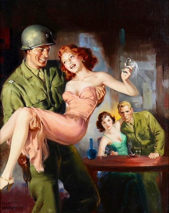 Soldier Carrying Woman in Cafe