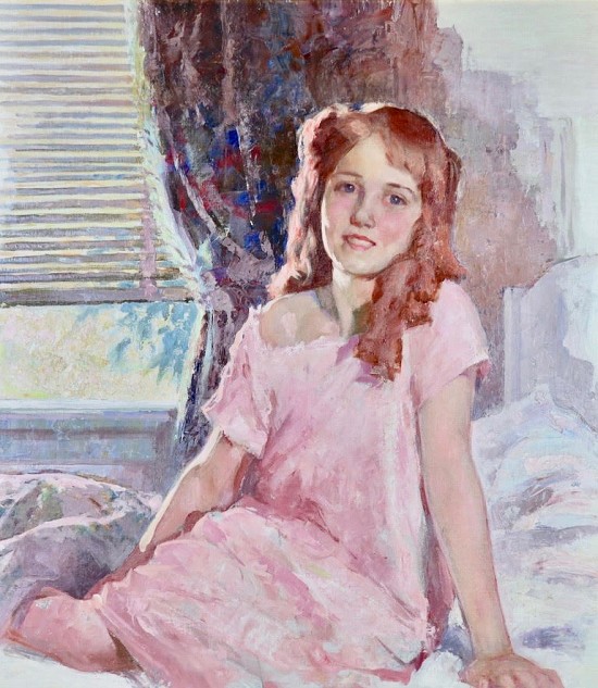 Girl in Pink Robe Sitting on a Bed