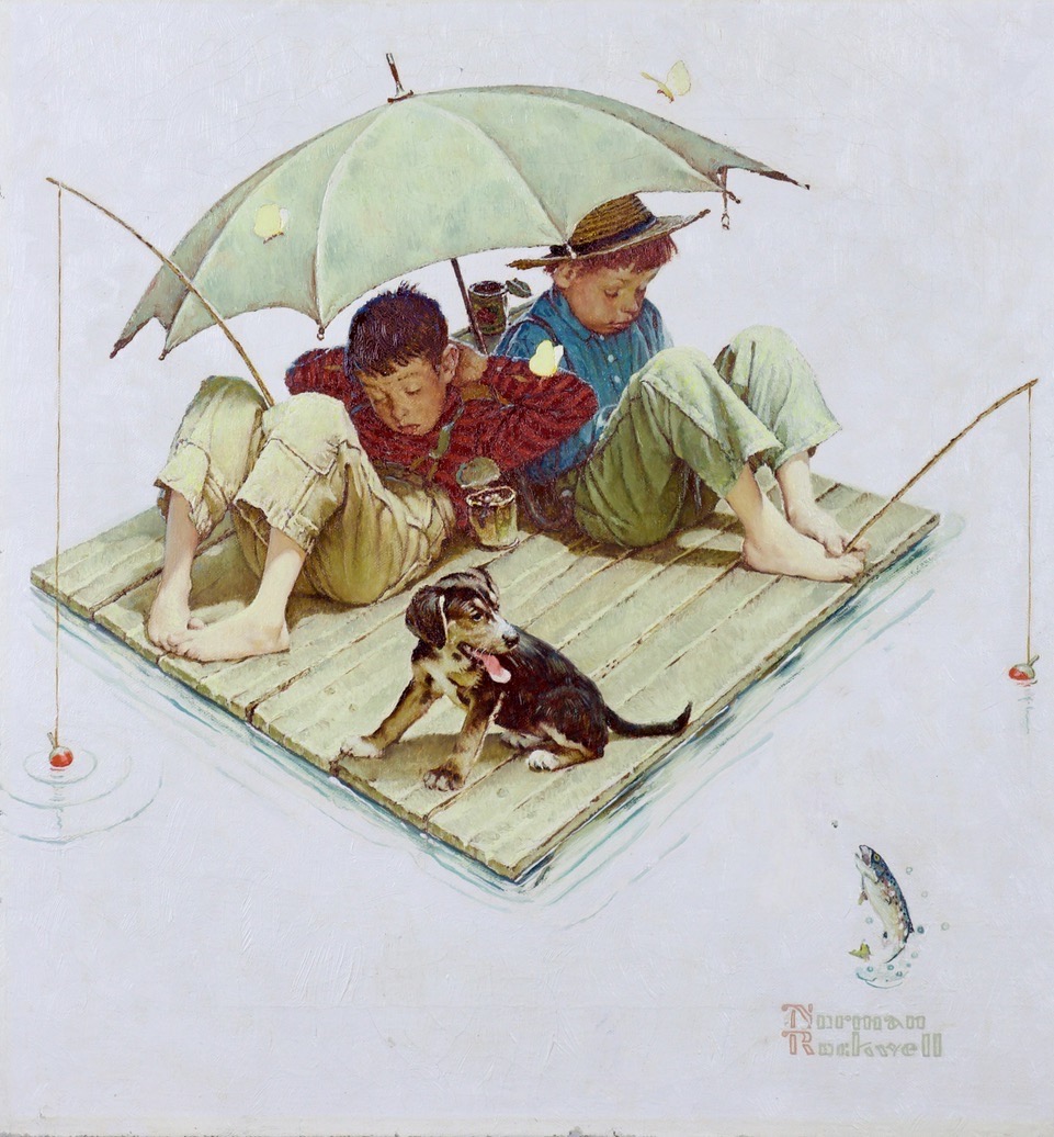 Me and my Pal: Fishing Raft' by Norman Rockwell (1894-1978) : Original Oil  on Canvas